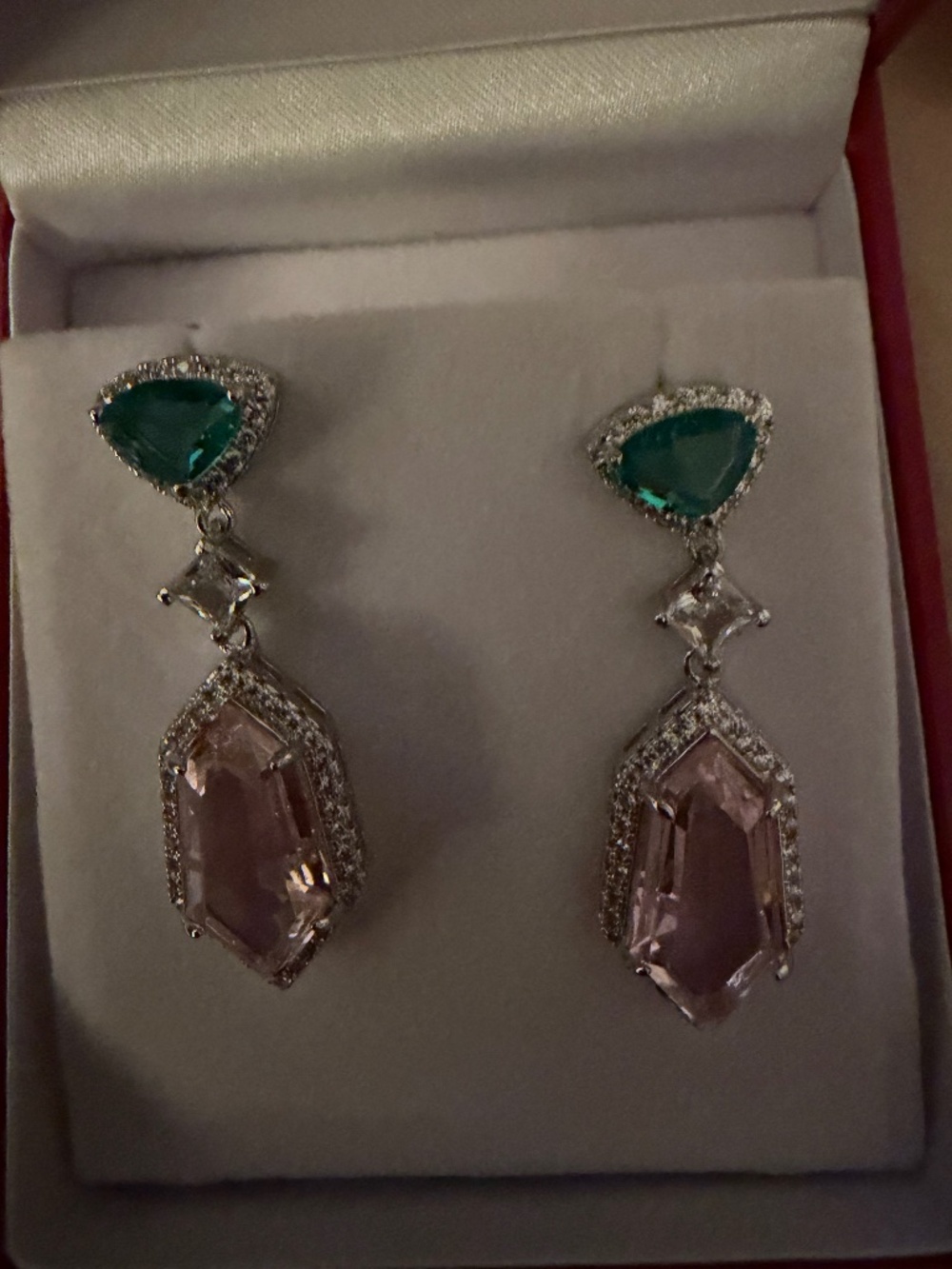 Apatite Pink Tourmaline White Sapphire Drop Earrings: 14kt White Gold/Silver